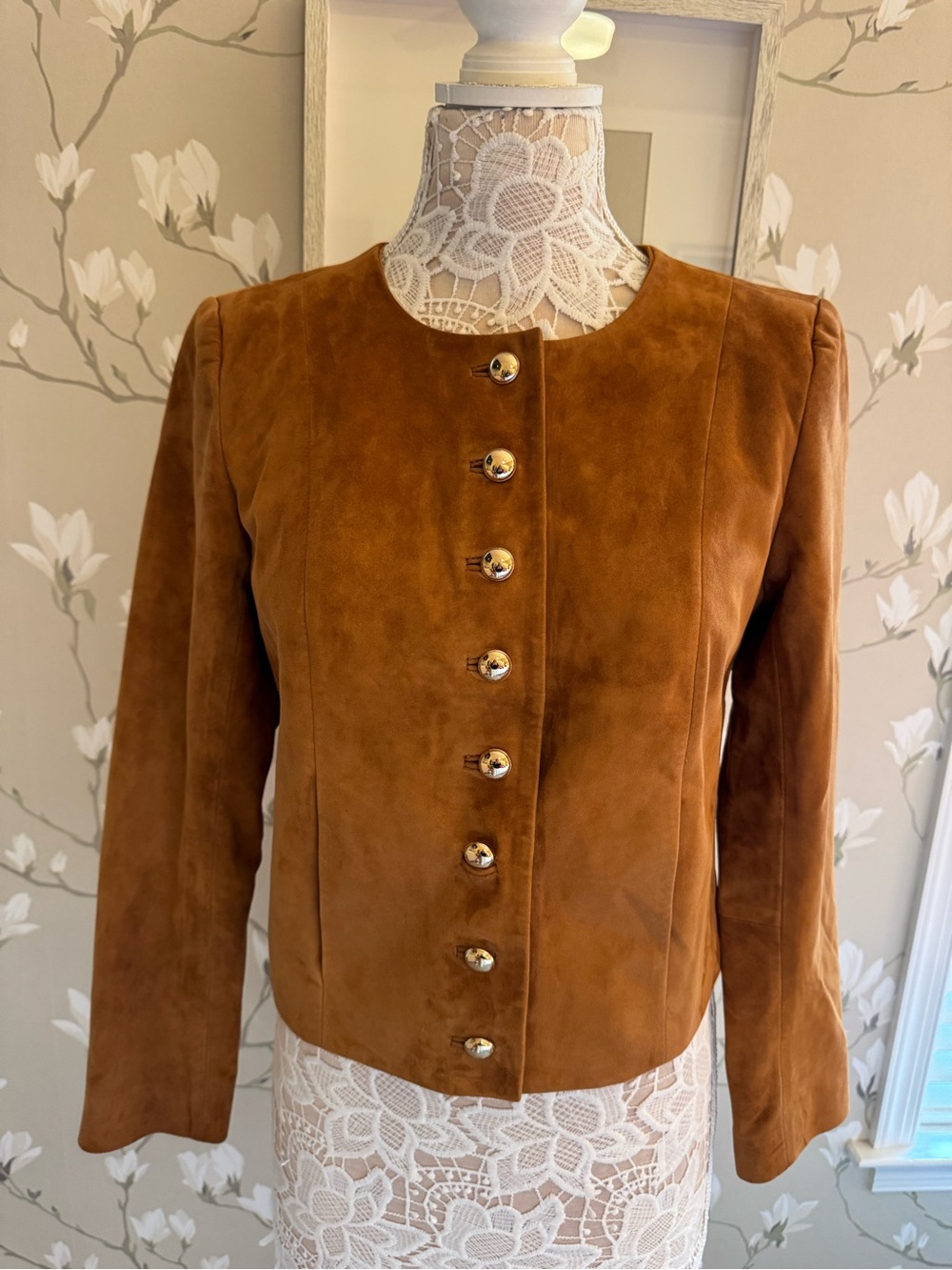 Talbots Suede Button-Front Jacket in Cognac Brown